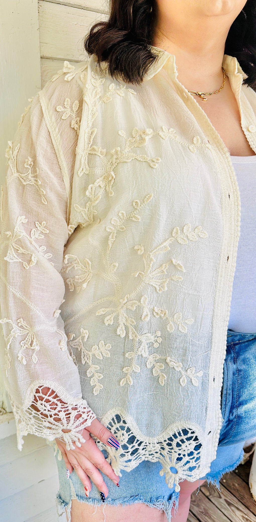 PLUS- Softly Styled Lace Button Up
