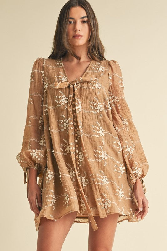 Embroidered Long Sleeve Babydoll Mini Dress