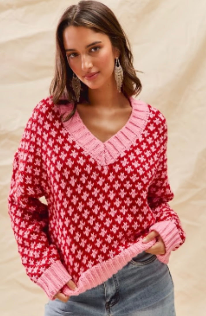 Pink & Red Textured Sweater
