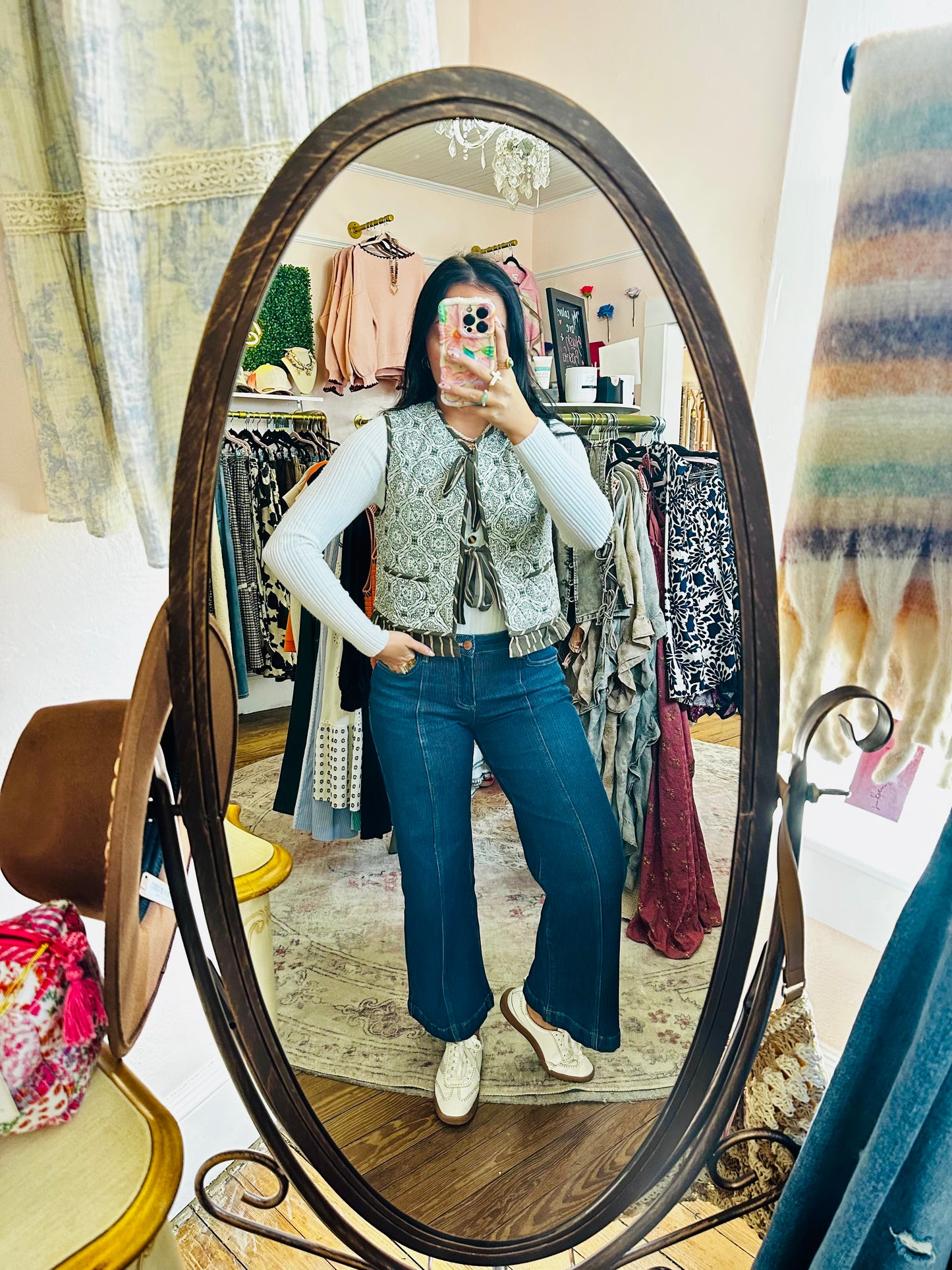 Olive Quilted Print Ruffle Vest