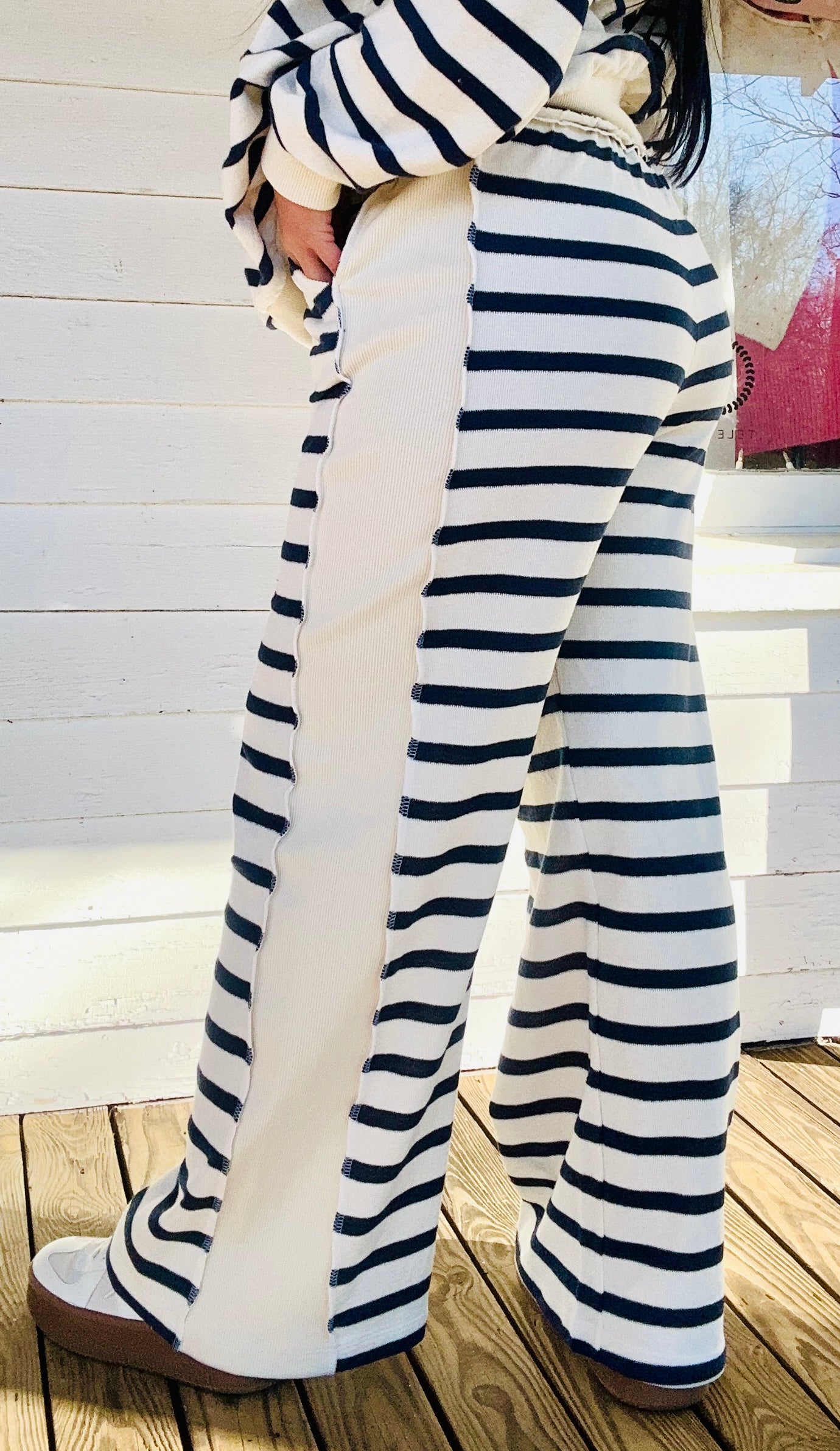 Navy & Cream Striped Drawstring Sweatpants