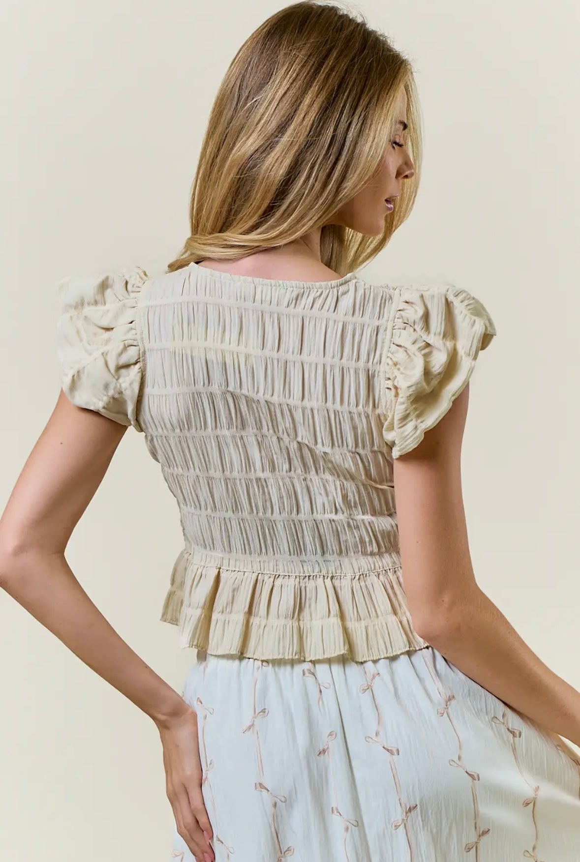 Cream Smocked Ruffle Top