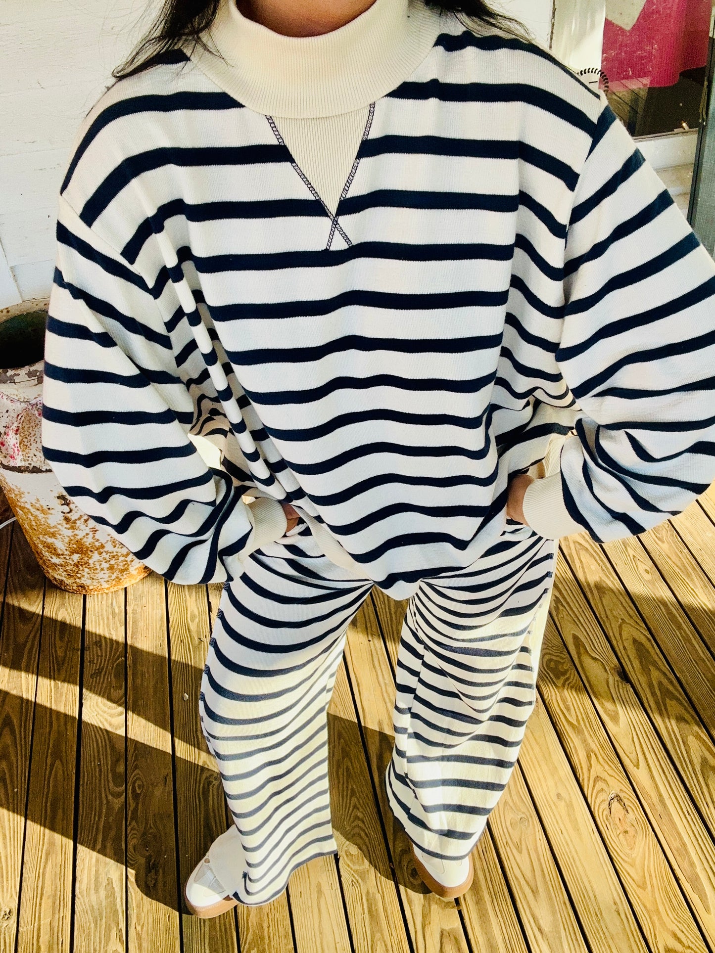 Navy & Cream Striped Mock Neck