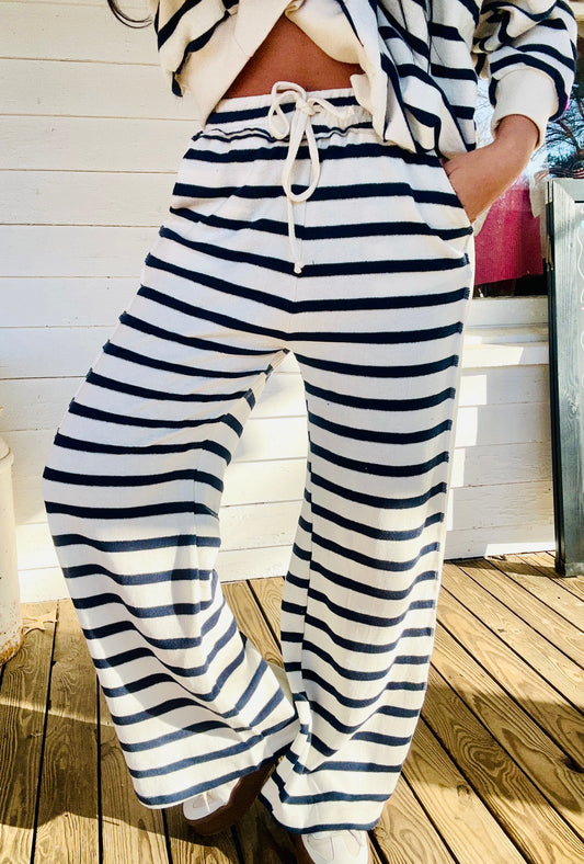 Navy & Cream Striped Drawstring Sweatpants