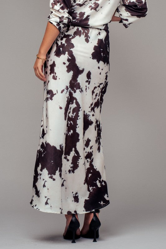 Cow Print Satin Drawstring Midi Skirt