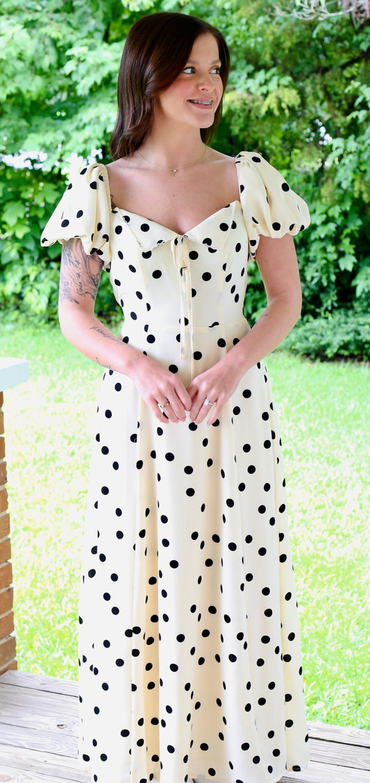 Polka Dot Puff Sleeve Midi Dress