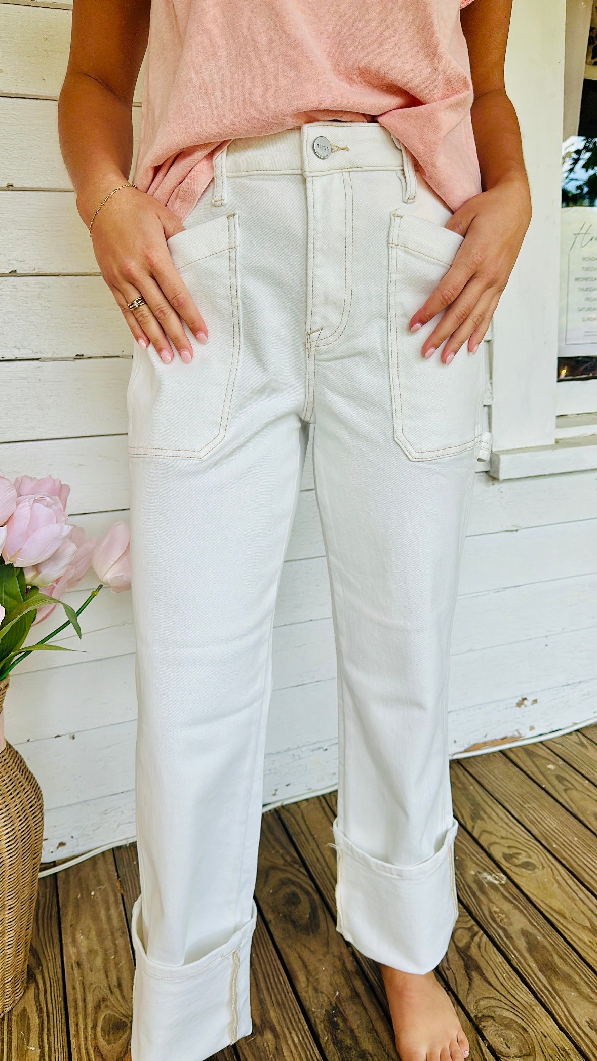 Risen Turn Up Cream Jeans