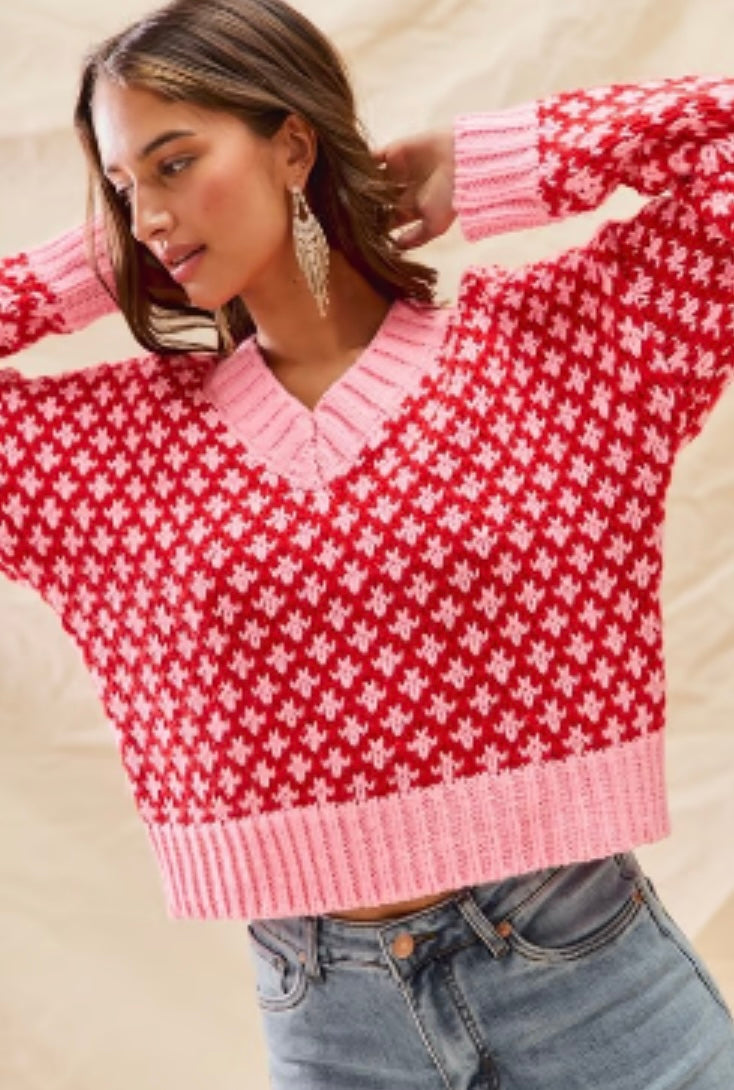 Pink & Red Textured Sweater