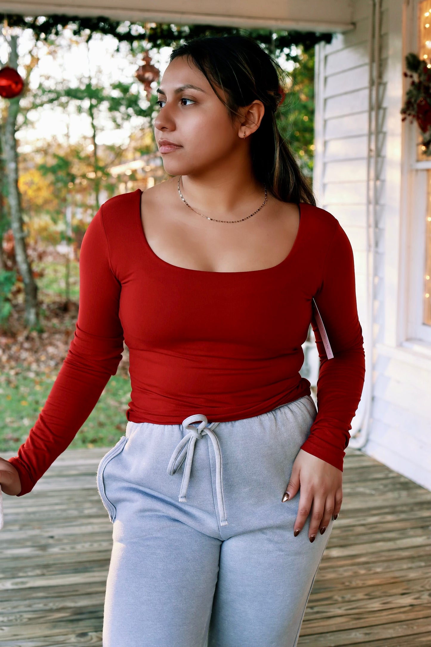 Jersey Square Neck Long Sleeve Top