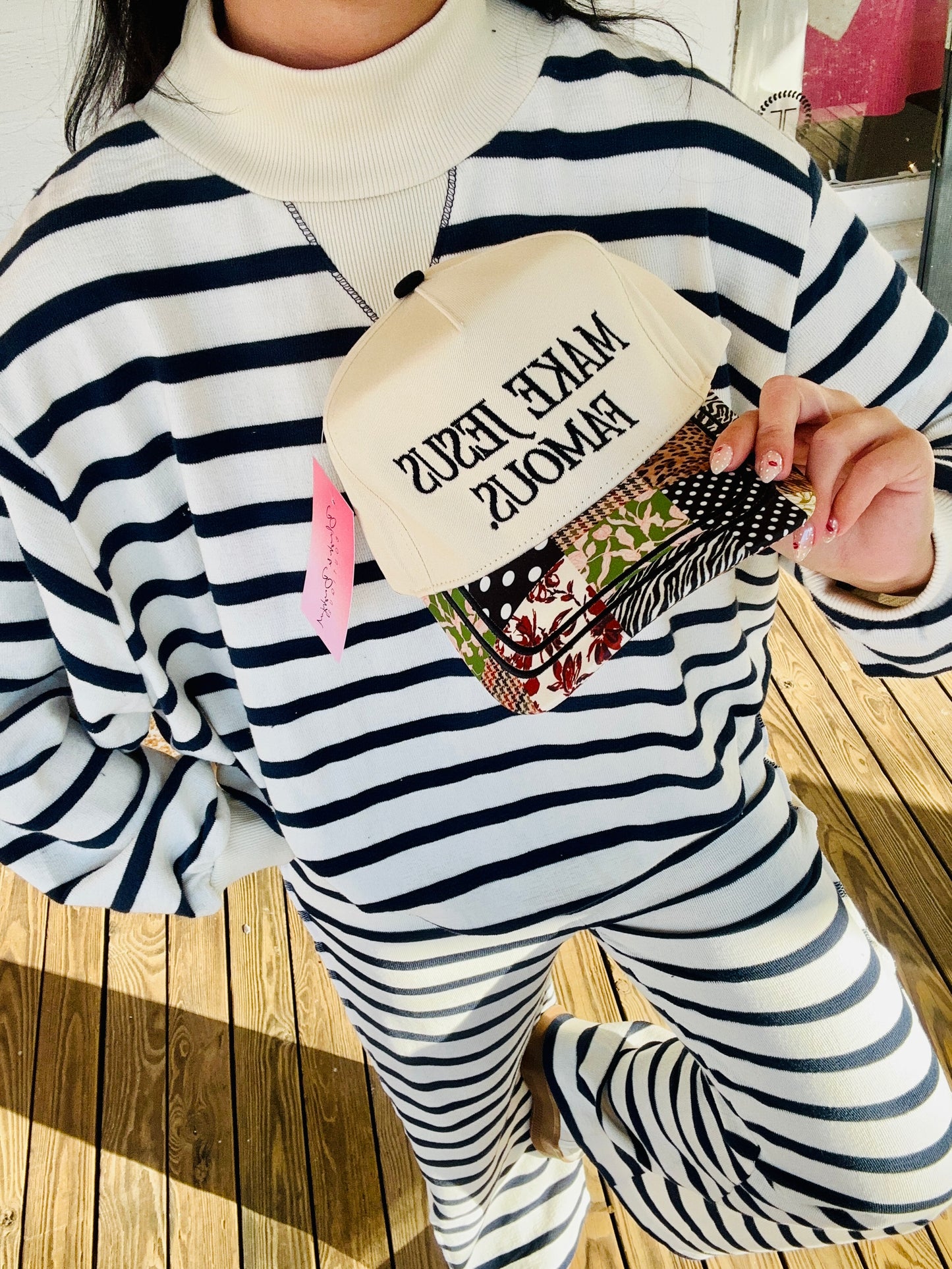 Navy & Cream Striped Mock Neck