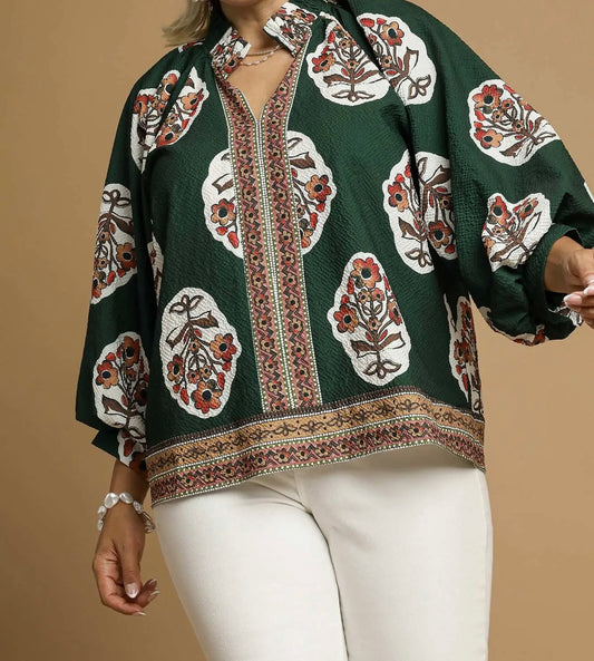 PLUS-Boho Floral Print Tunic Top