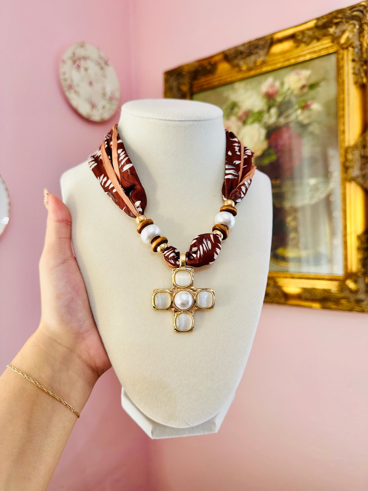 Neutral Scarf Cross Necklace