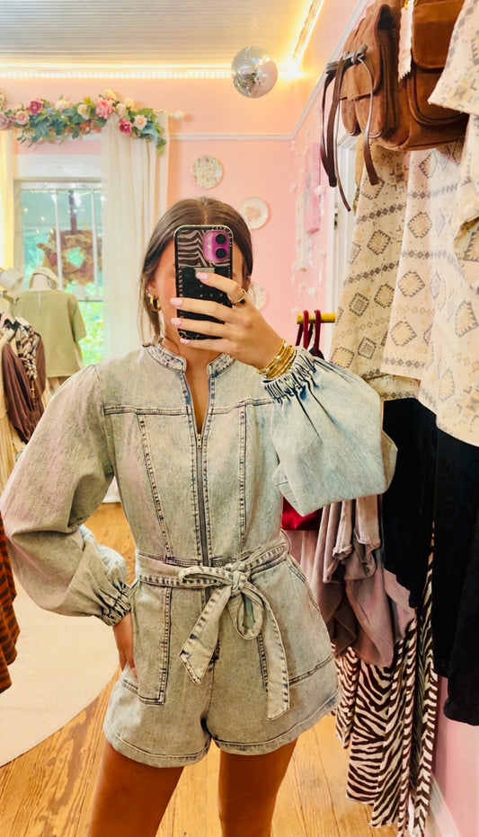 Front Zip Up Washed Denim Romper