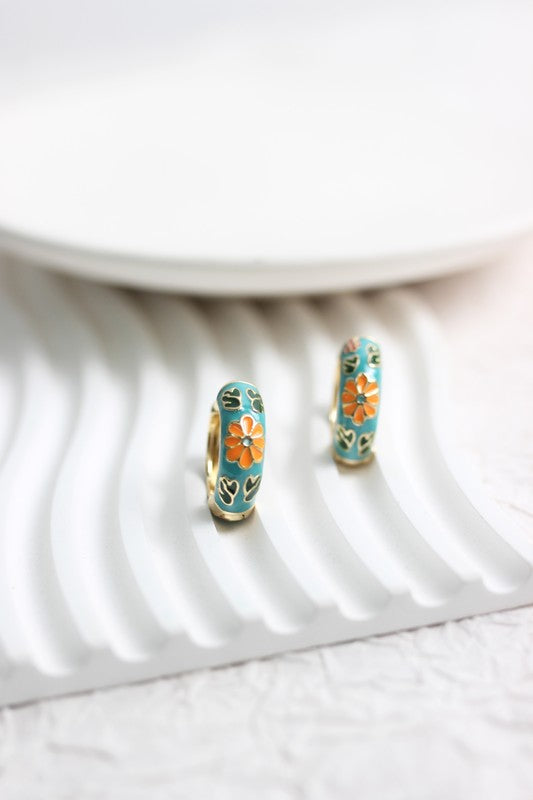 Floral Enamel Huggie Hoop Earrings