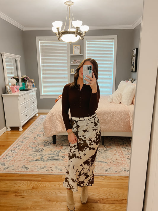 Cow Print Satin Drawstring Midi Skirt