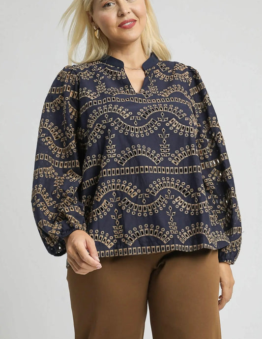 PLUS-Eyelet Long Sleeve Top
