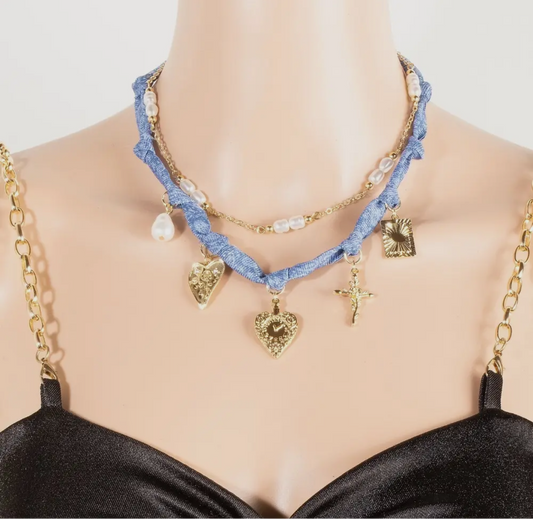 Layered Denim Scarf Necklace