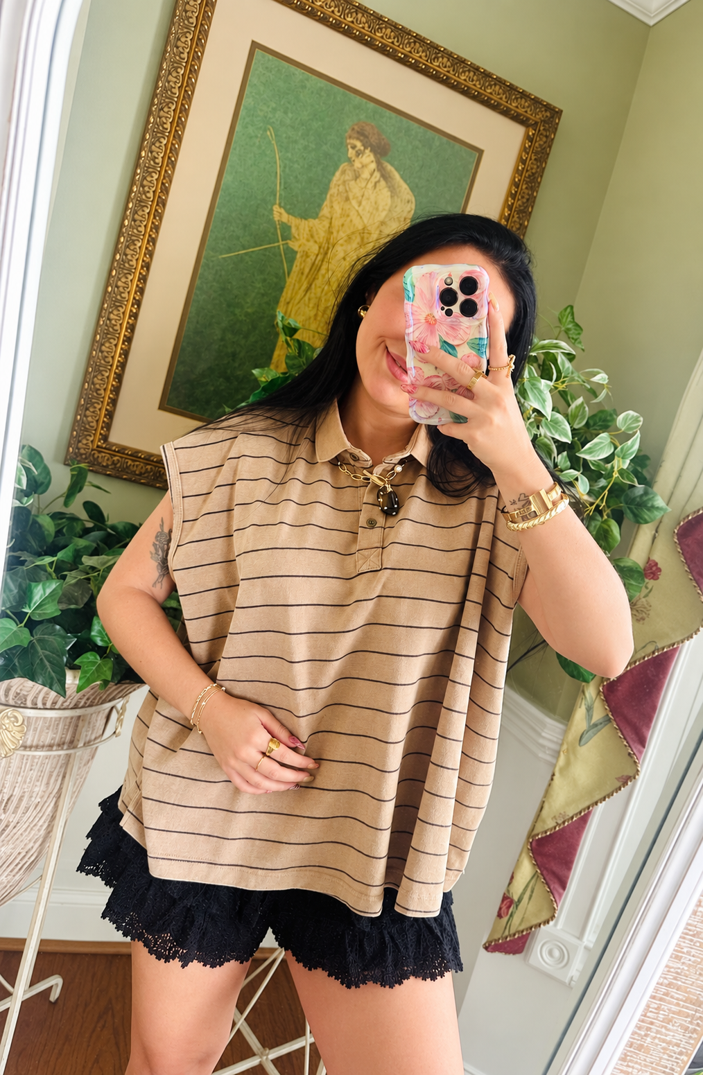 Boxy Stripe Polo Cap Sleeve Top