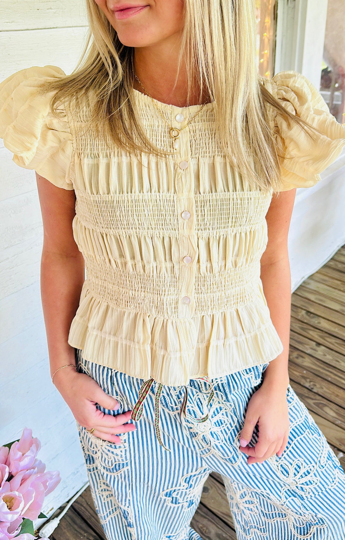 Cream Smocked Ruffle Top