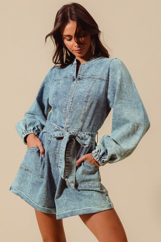 Front Zip Up Washed Denim Romper