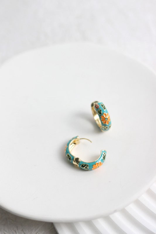 Floral Enamel Huggie Hoop Earrings