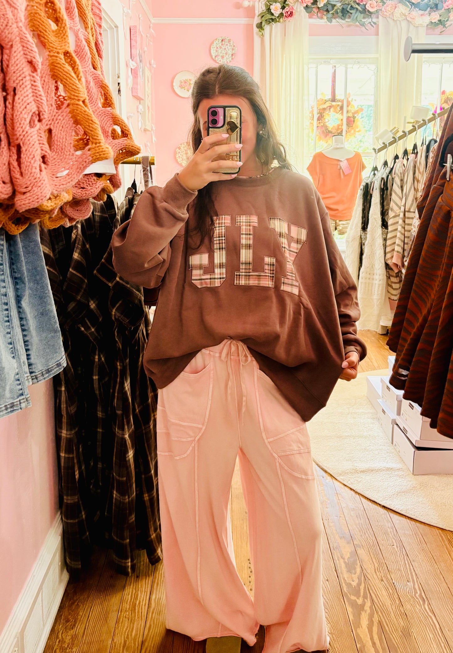 JLY Plaid Embroidered Crew