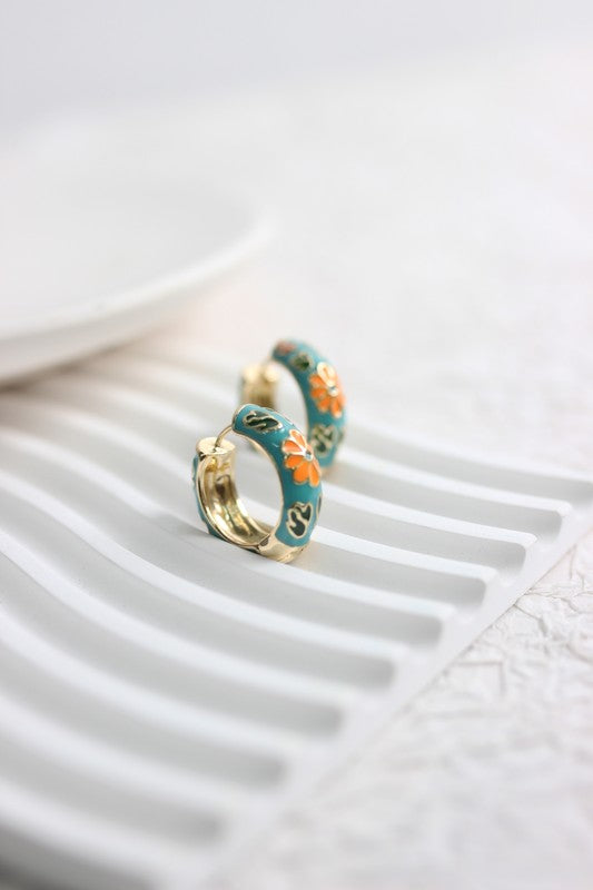 Floral Enamel Huggie Hoop Earrings