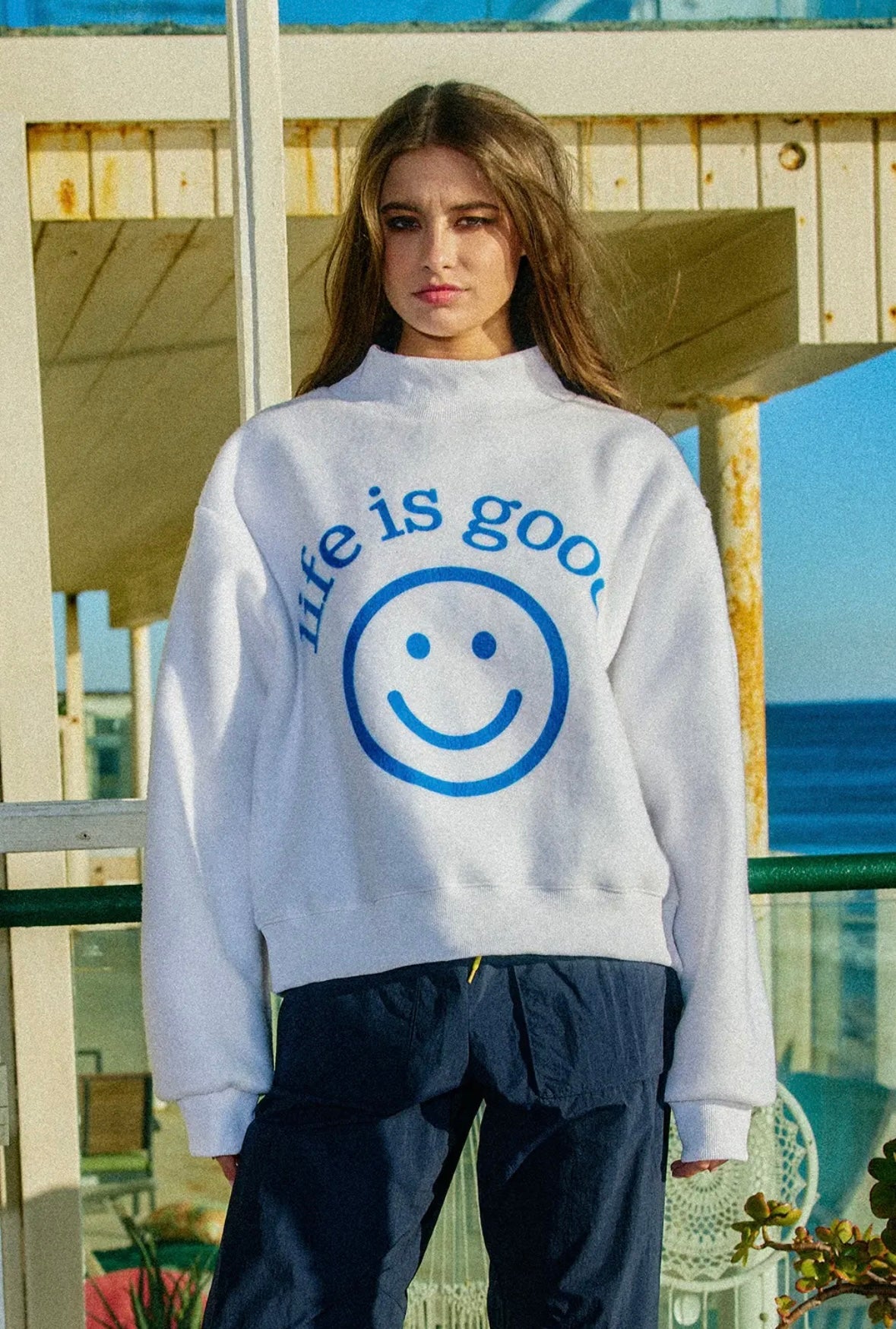 Happy Reversible Graphic Mock Neck Sweatshirt