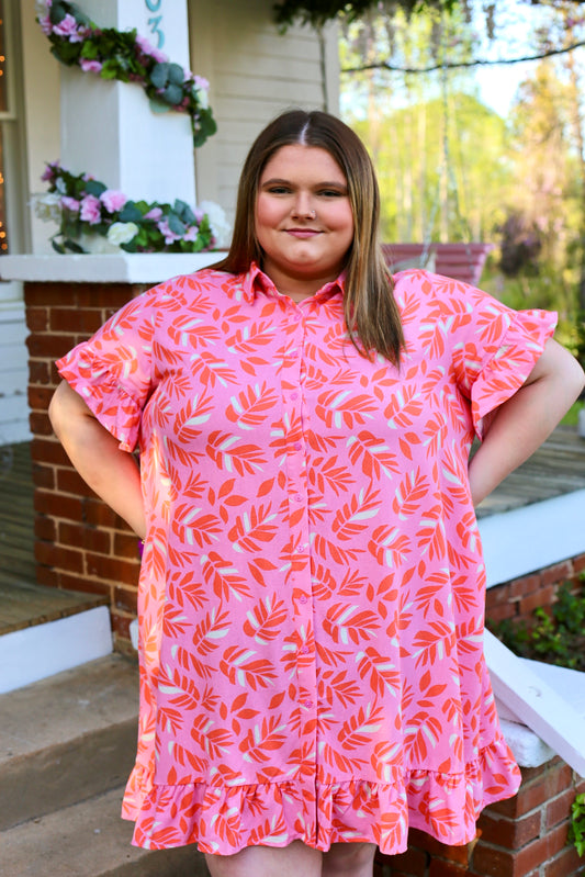 PLUS-Coral Pink Button Down Dress