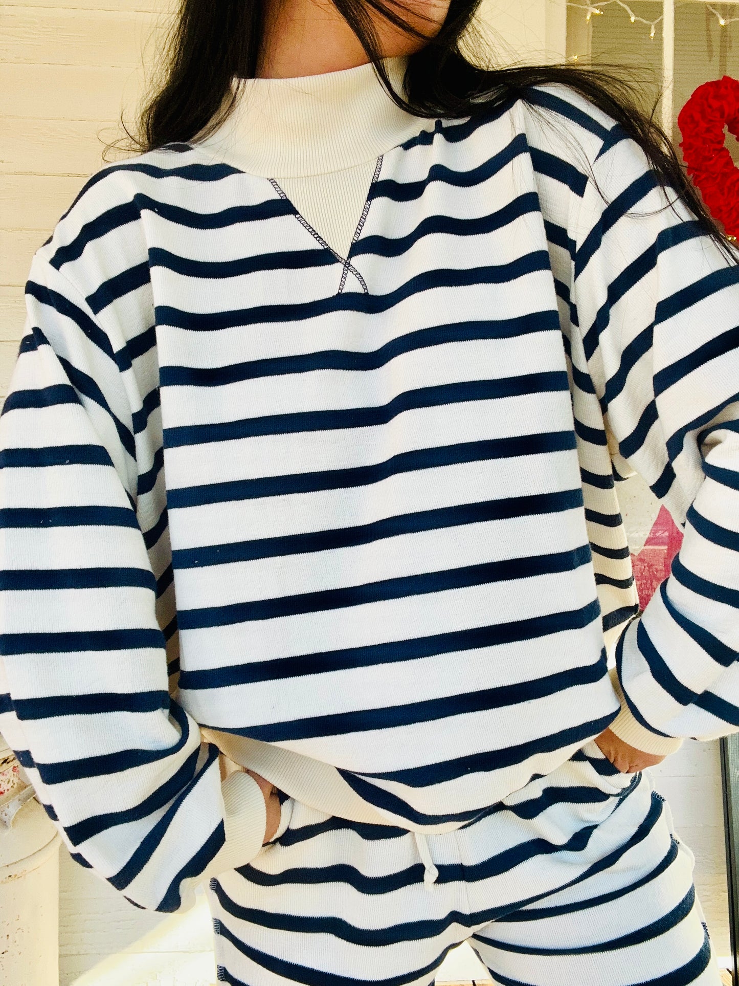Navy & Cream Striped Mock Neck