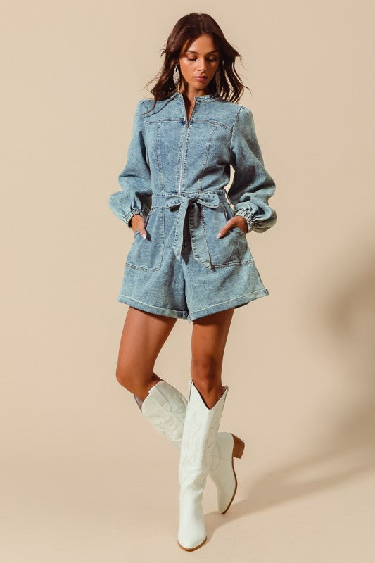 Front Zip Up Washed Denim Romper
