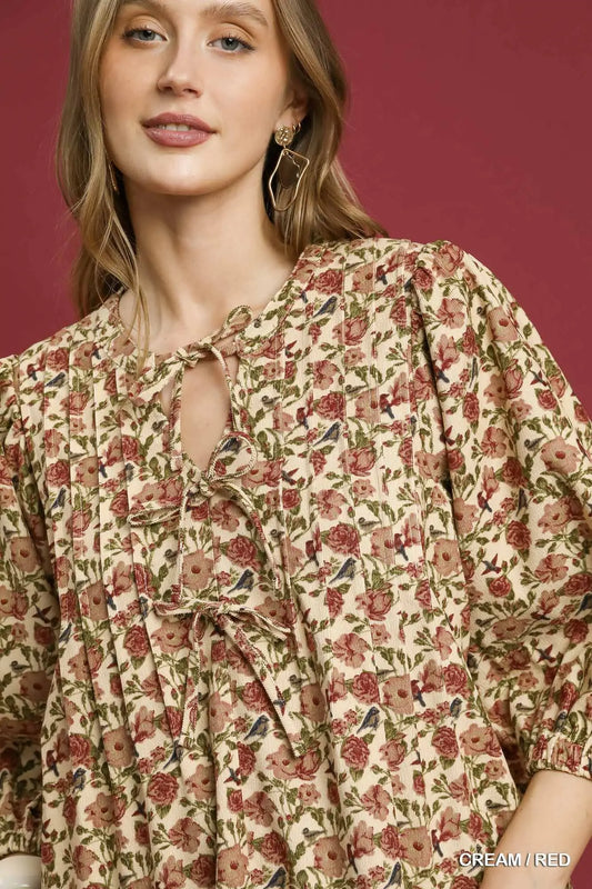 Vintage Floral Pintuck Blouse