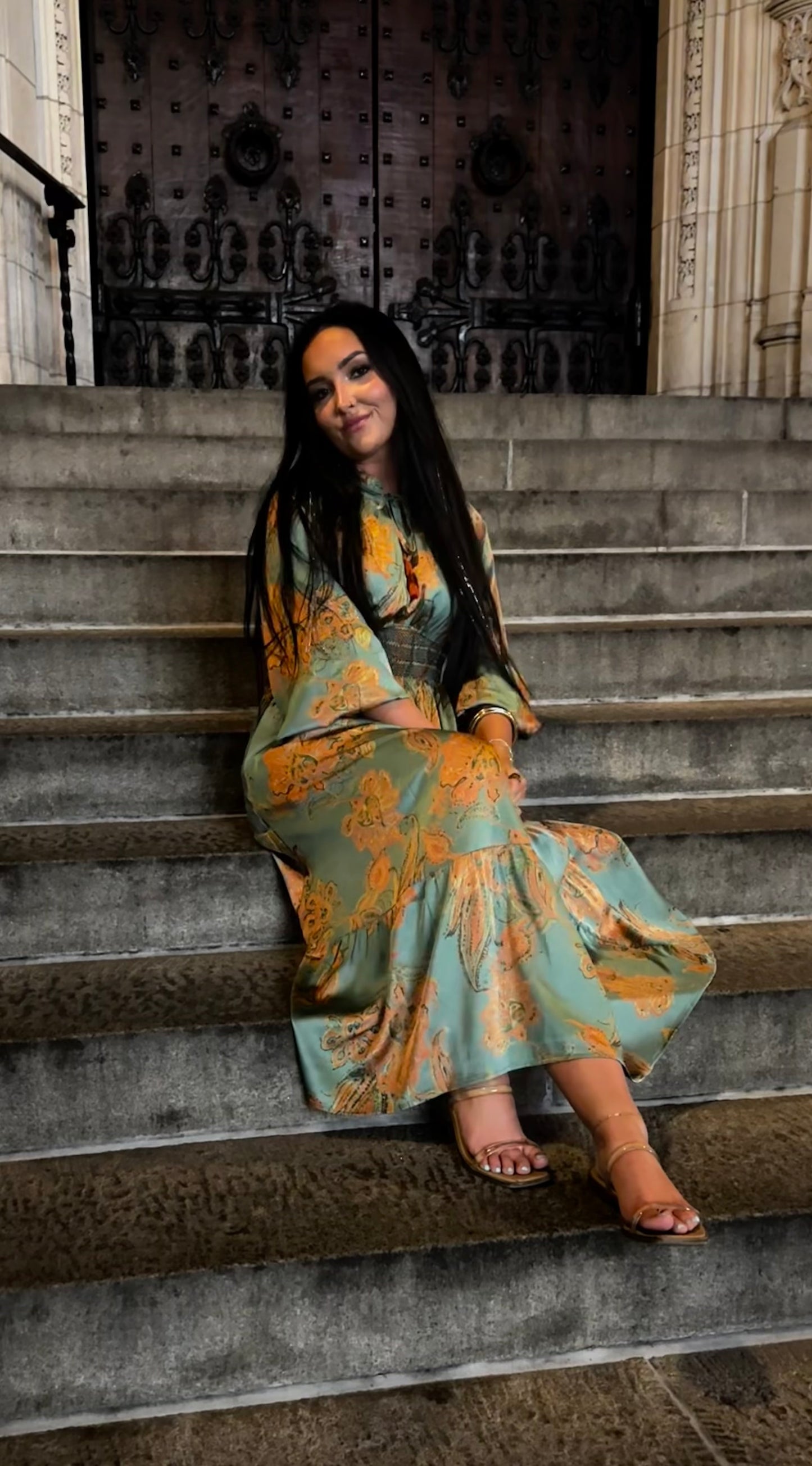 Golden Grace Smocked Midi Dress