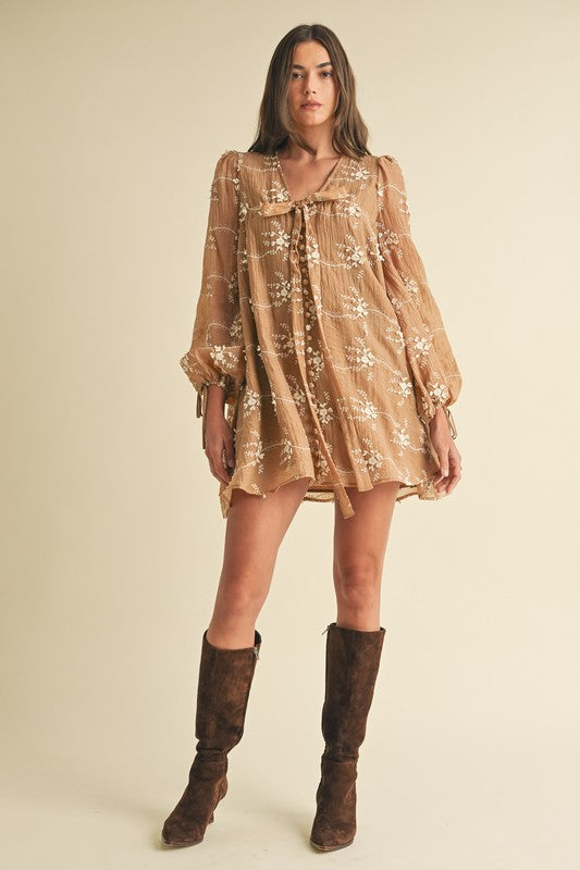Embroidered Long Sleeve Babydoll Mini Dress