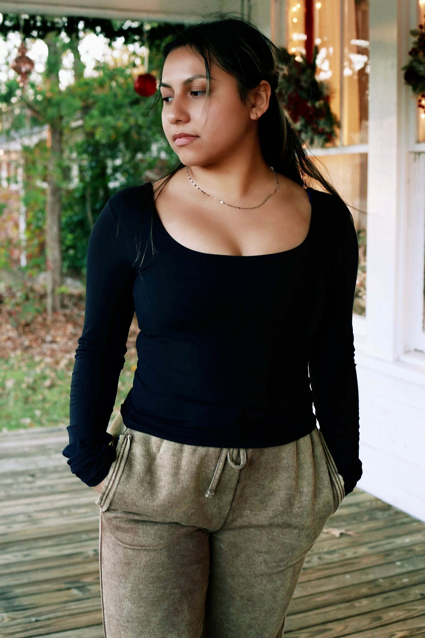 Jersey Square Neck Long Sleeve Top