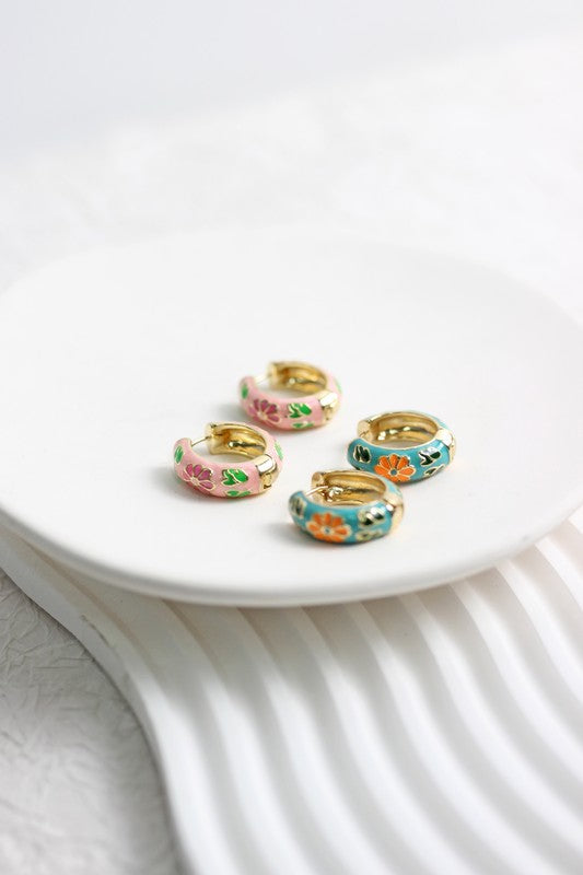 Floral Enamel Huggie Hoop Earrings