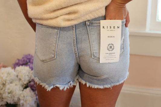 High Rise Side Step Hem Shorts