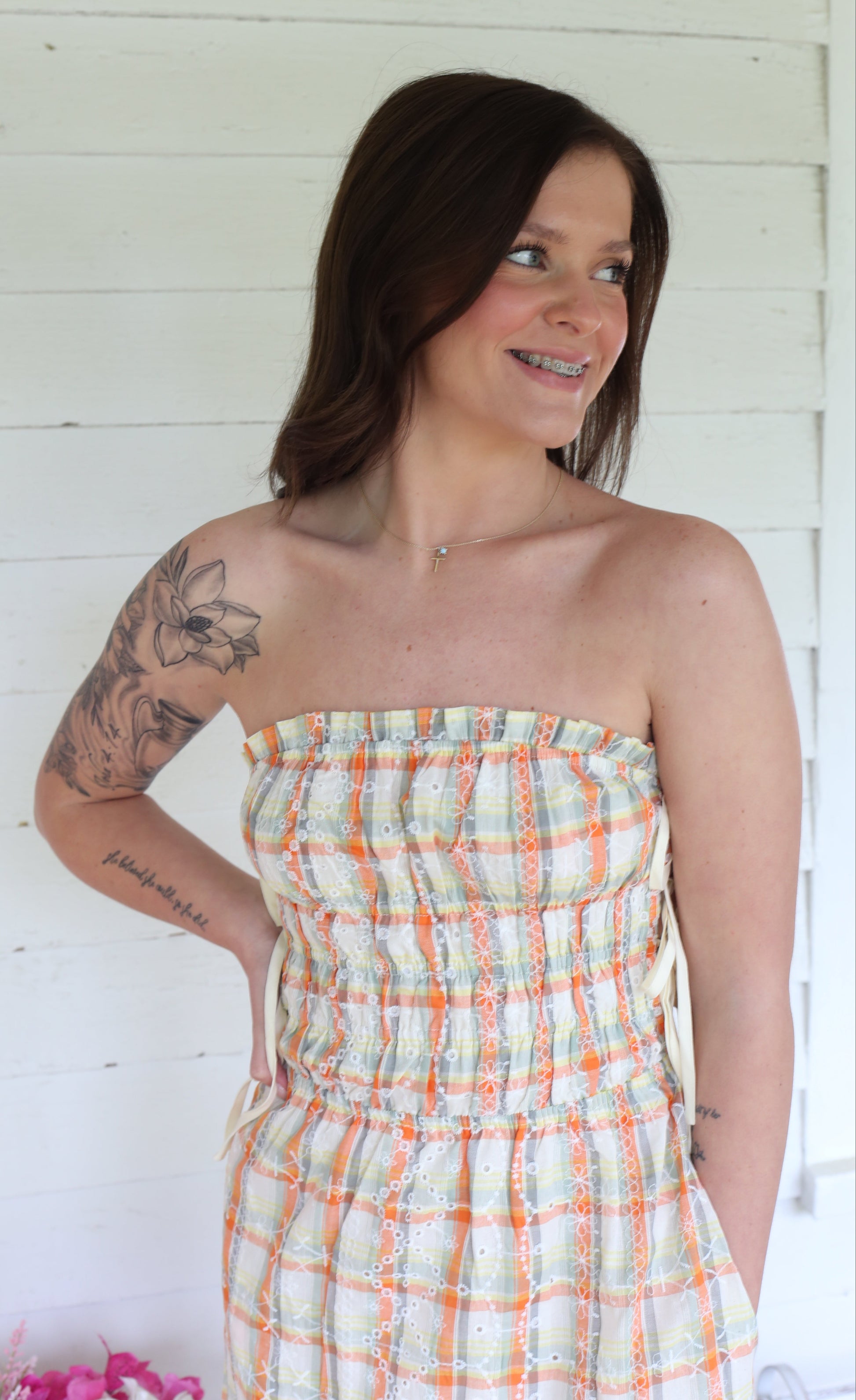 orange plaid dress Kickoff Cutie Mini and a coordinating self Baltic Born Womens Stina Short